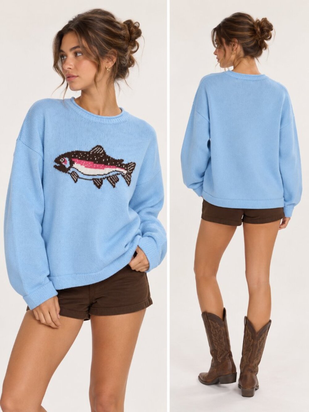 Wild Fable Light Blue Fish Graphic Knit Crewneck Sweater NWT XS